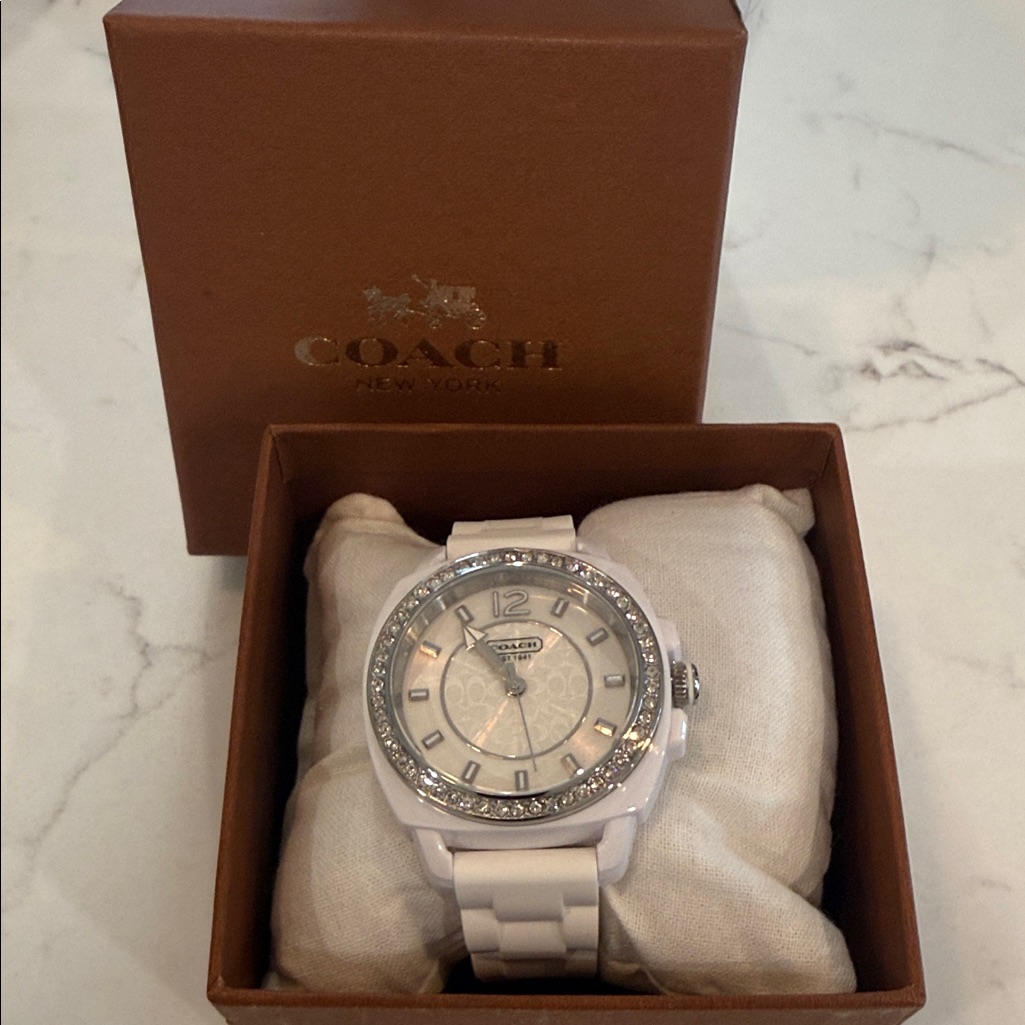 Coach White And Silver Watch With Crystal Details